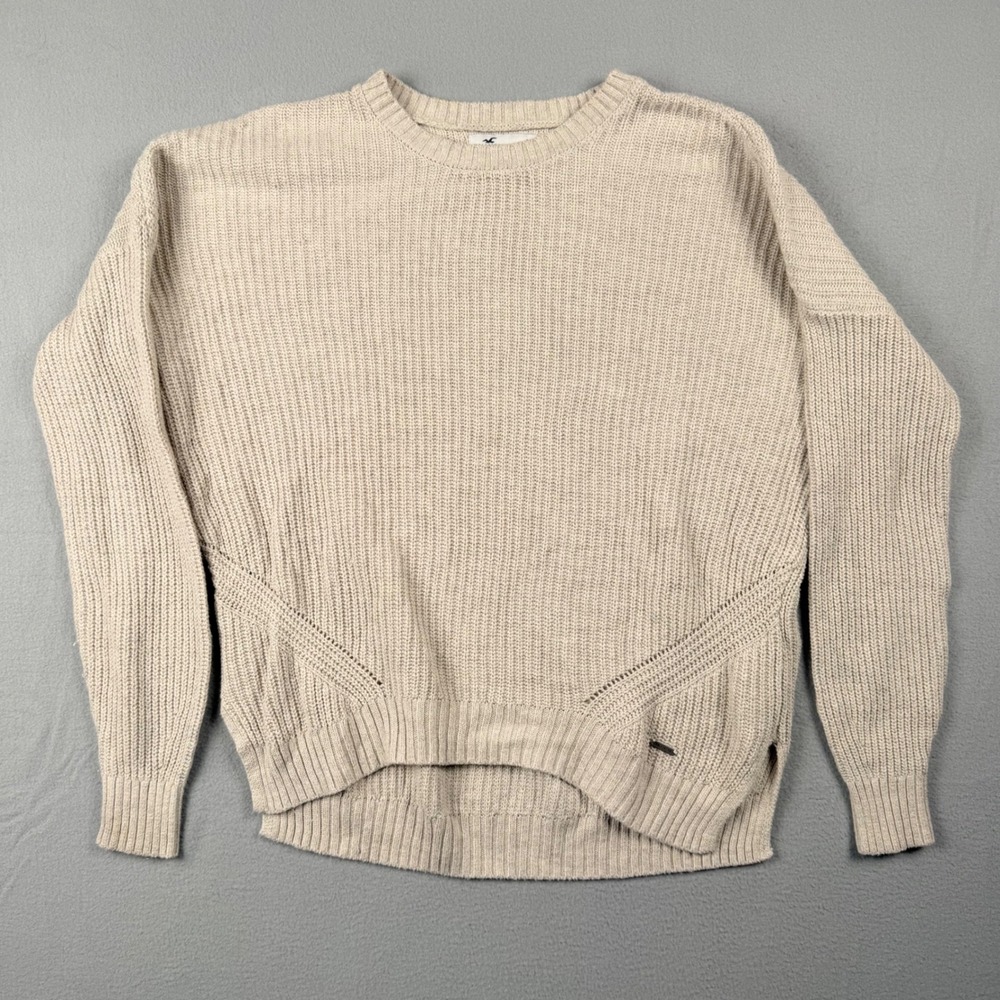 Hollister Womens XS Beige Ribbed Knit Crewneck Sweater High Low Hem Cotton Blend